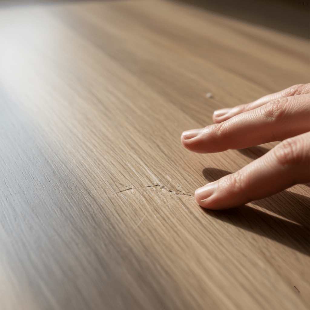 Hand streicht über beschädigte Holzoberfläche: Kratzer im Parkett entfernen in der Detailansicht